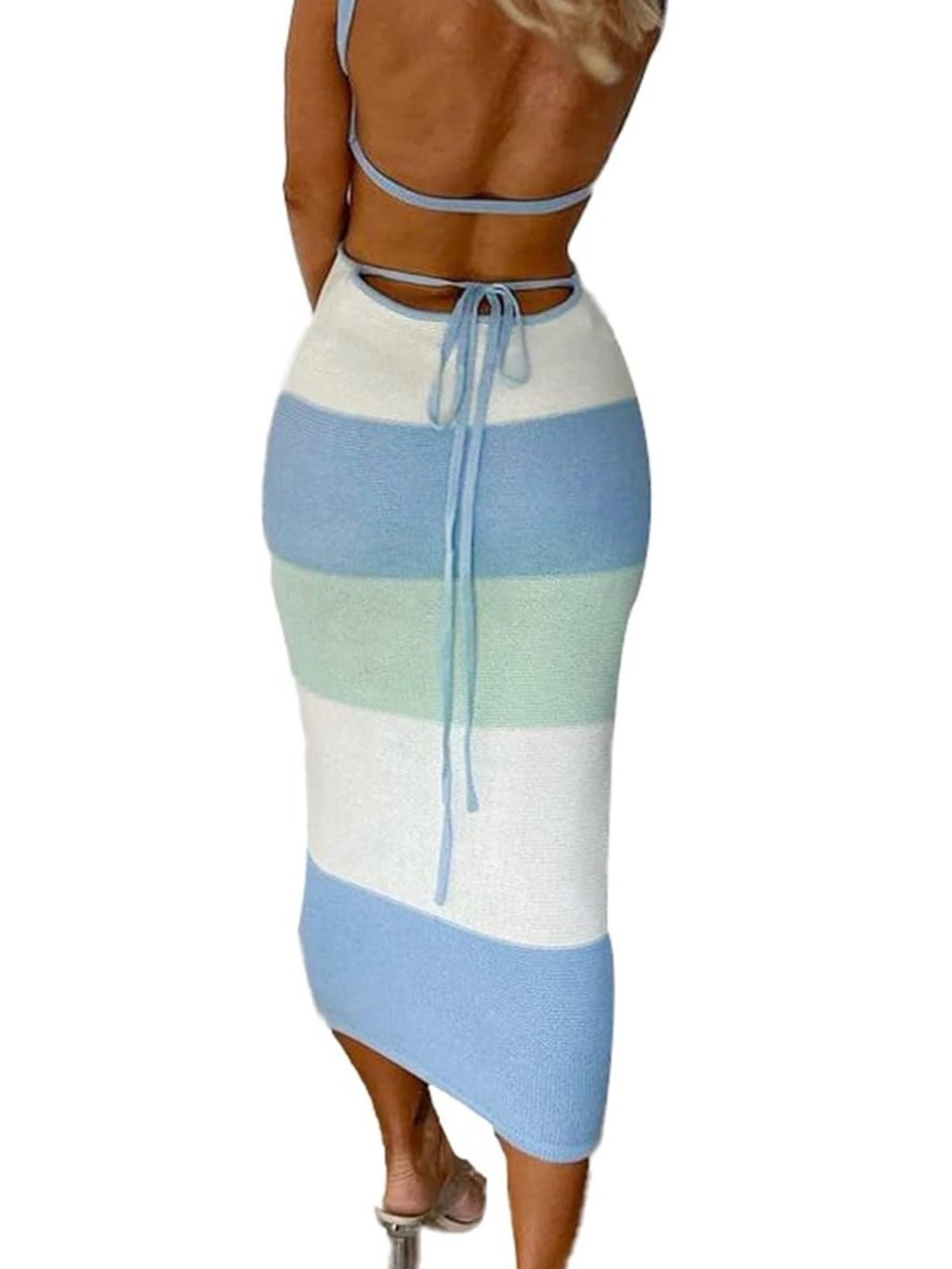 Striped Knit Midi Skirt - Light Blue, White & Mint